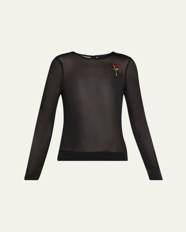 Sheer Fitted Ballet Mesh Crystal Rose Top